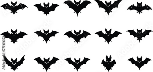 Black bat silhouettes vector illustration, Halloween flying bats clipart, spooky animal shapes, gothic design elements, horror night decoration, isolated icons collection