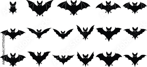 Black bat silhouettes vector illustration, spooky Halloween flying bats clipart, horror night decoration, gothic animal shapes, scary wings, isolated icons, dark cartoon design