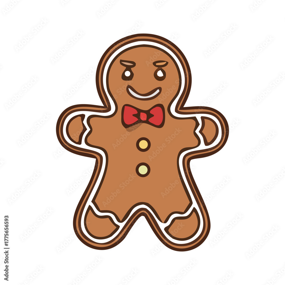 Obraz premium Cute gingerbread man cookie with red bow tie and icing decoration, kawaii Christmas sweet clipart for festive winter cards and bakery-themed designs. 