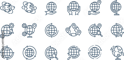  Global connectivity icons, world globe vector set, international business communication clipart, travel navigation symbols, geography education design, global network exploration illustration
