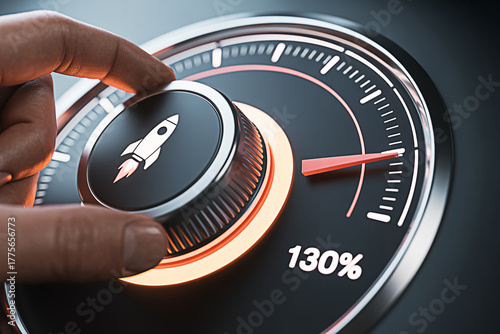 Hand turning a dial with a rocket icon indicating a boost to 130 percent symbolizing growth acceleration and performance improvement in business technology or personal development