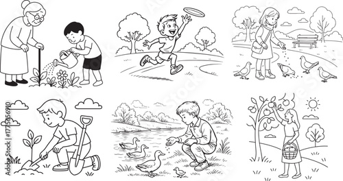 Collection of six cartoon line drawings illustrating children and adults engaging in outdoor activities like gardening, playing frisbee, feeding birds and ducks, and harvesting apples from a tree.