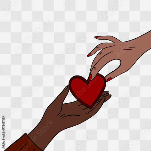 Vector hand-drawn illustration of two hands sharing heart. Elegant, minimal, and emotion symbol of love, friendship, and kindness