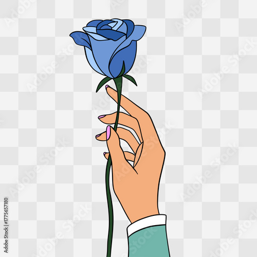 Hand-drawn illustration of a delicate hand holding a blue rose on a transparent background. Minimalist and emotional drawing symbolizing tenderness, care, and affection 