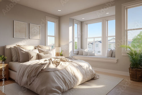 Sun-drenched modern bedroom with a large upholstered neutral-toned bed, tall windows, and lush indoor plants