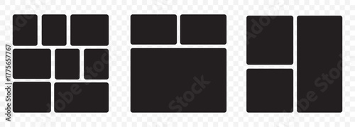 Abstract photo collage layout with bento grid and hexagonal frame elements. Bento Grid Layout Icon Set – Modern Geometric Block Design on Transparent Background. EPS 10.