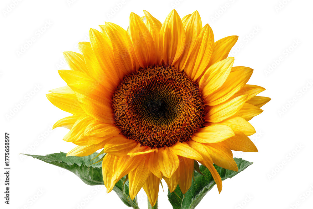 Fototapeta premium Close-up of a vibrant sunflower, bright yellow petals, dark brown center, with green leaves