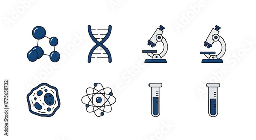 Collection of scientific icons representing research, biology, and chemistry