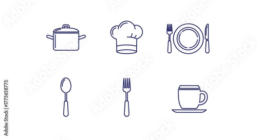 Collection of cooking and dining icons, including a pot, chef hat, cutlery, spoon, fork, and cup.