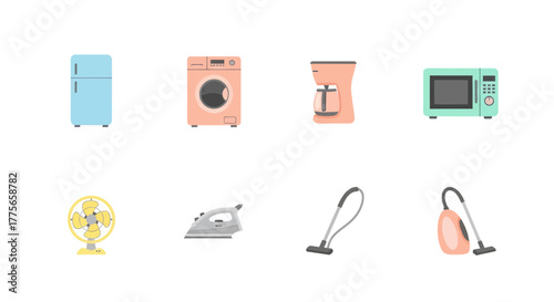 Collection of colorful modern home appliances on a white background