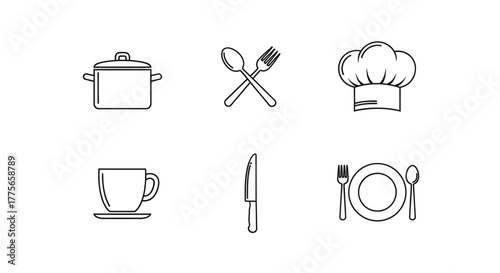 Clean line art icons representing kitchenware and dining essentials for culinary inspiration.