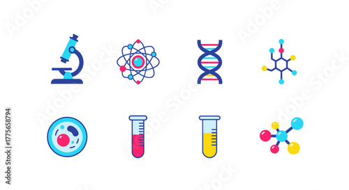 Collection of colorful science icons representing research, biology, and chemistry