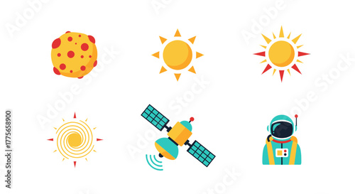 Colorful collection of space-themed icons including sun, astronaut, satellite, and asteroid