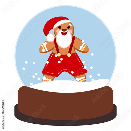 Gingerbread man dressed as Santa Claus inside a snow globe. Cheerful Christmas illustration symbolizing holiday spirit and sweetness.