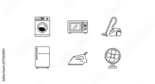 Collection of simple line art icons representing household appliances for modern living