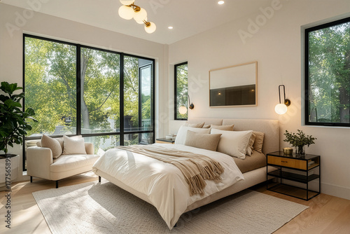 Bright Scandinavian-style bedroom with large windows, light wood floors, potted plants, and cozy neutral-toned bedding