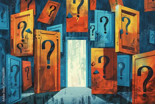 Colorful doors with question marks, symbolizing mystery, curiosity, and choices leading toward discovery and new opportunities.