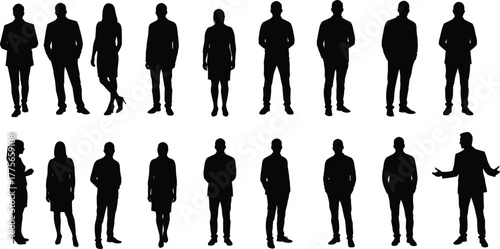 Business silhouettes, professional people, corporate team, formal attire, standing poses, diversity, office staff, black figures, isolated, white background, HR concept