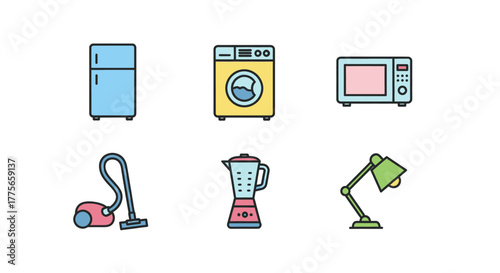 Collection of colorful household appliance icons on a white background