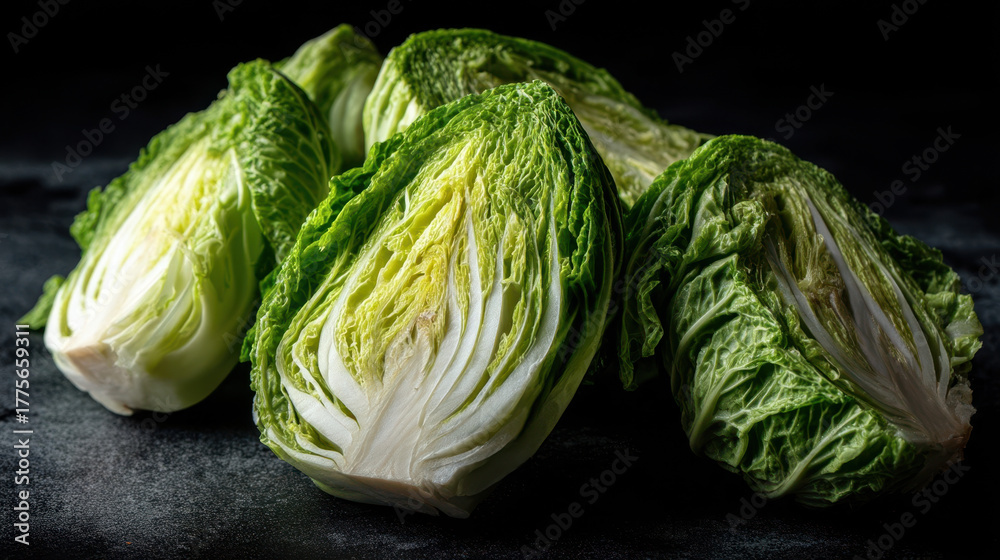 Obraz premium Fresh green cabbage half on dark background, healthy vegetable close-up for cooking and nutrition