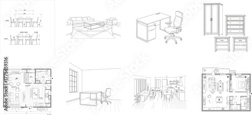 Architectural drawings of modern furniture and floor plans