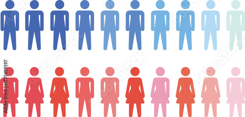 Diversity, gender balance, male and female silhouettes, gradient transition, population concept, equality, infographic, icon set, minimal design, representation