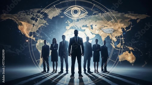 Silhouetted executives standing before illuminated world map with all-seeing eye, evoking symbolism of Freemasonry, Illuminati influence, secret societies, and global power control.