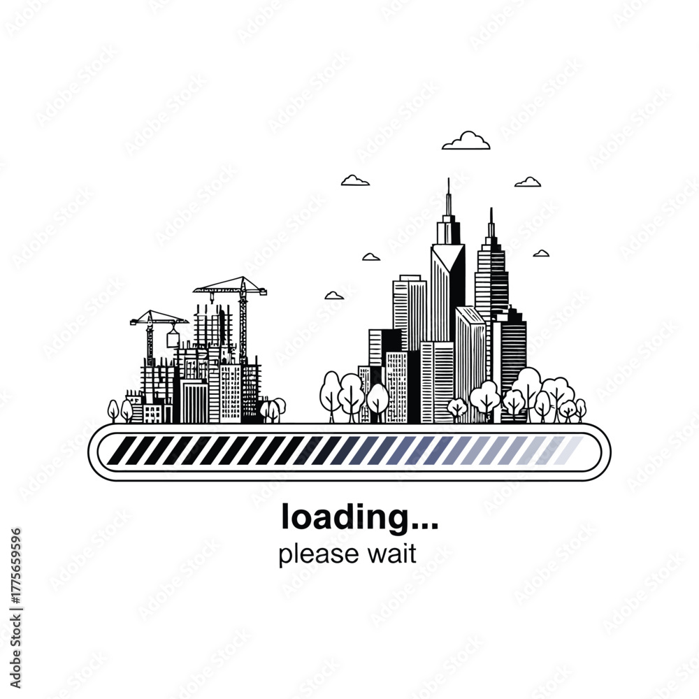 Obraz premium City skyline under construction with loading bar and text loading please wait concept
