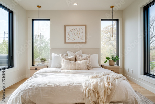 Modern bedroom interior with a cozy window seat, neutral-toned bedding, contemporary pendant lights, and a framed art piece
