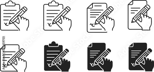 Document icon set, writing hand, pencil sketch, clipboard symbol, form editing, signature concept, black and white vector illustration