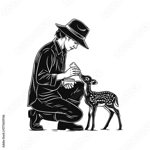 Farmer in hat kneeling to feed a spotted fawn from a bottle in a heartwarming act of animal care