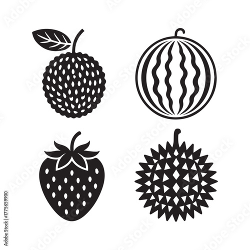 Four black and white fruit icons lychee strawberry watermelon durian on white background vector