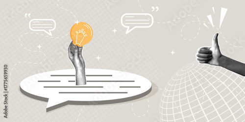 A trendy concept of creative communication and positive feedback in the form of a halftone collage. Communication for problem solving, effective communication, discussion concept with an idea.