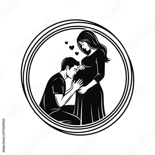 Loving couple embracing pregnant belly with hearts symbolizing new life and family bond