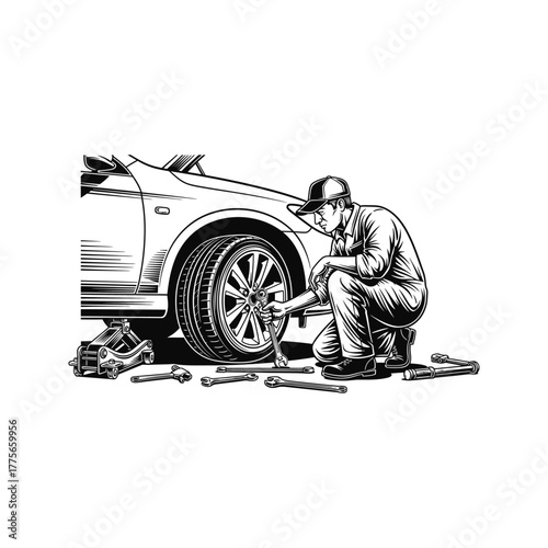 Mechanic in uniform and cap crouching to fix car wheel with wrench and tools on white background