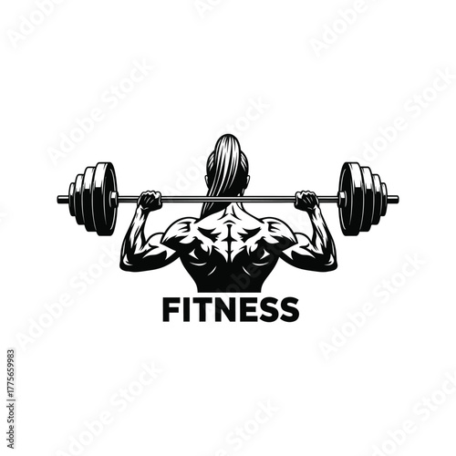 Muscular back of a woman lifting weights with barbell in a gym fitness logo