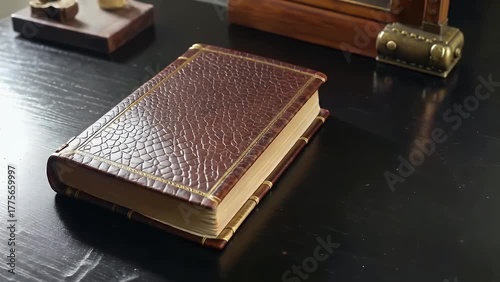 Vintage Leather Book on Wooden Desk: Knowledge, History, Antiquity