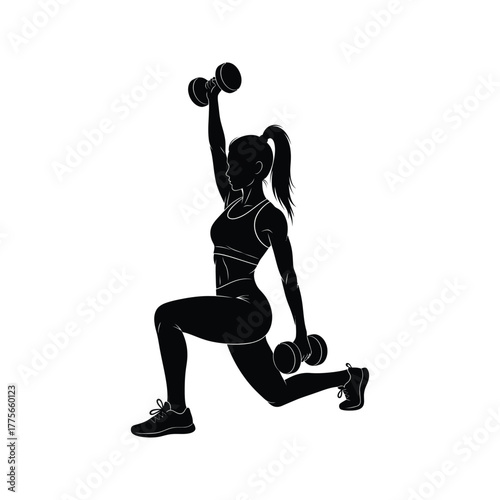 Silhouette of a fit woman performing a lunge exercise with dumbbells for a full body workout