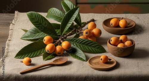 Fresh Medlars with Leaves, Presented in Elegant Wooden Bowls and on a Linen Cloth