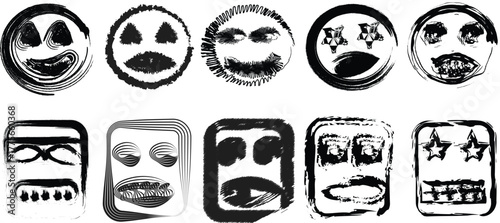 A stylized set of skull and crossbones icons with cartoon faces vector illustrations, and hipster fashion design symbols