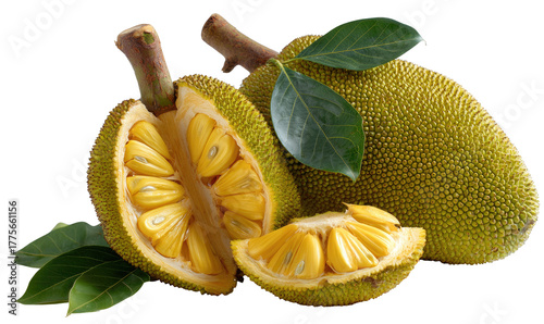 Two jackfruit halves, showcasing the interior.  Green, spiky exterior, yellow flesh.  Leaves.  Fresh.  Tropical
