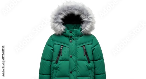 Green padded winter jacket with fur-lined hood for children featuring zippered pockets and button closure for warmth and style
