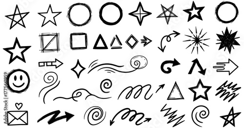 Hand-drawn design elements set, black sketch-style vector icons including arrows, stars, swirls, hearts, shapes, and emotive symbols