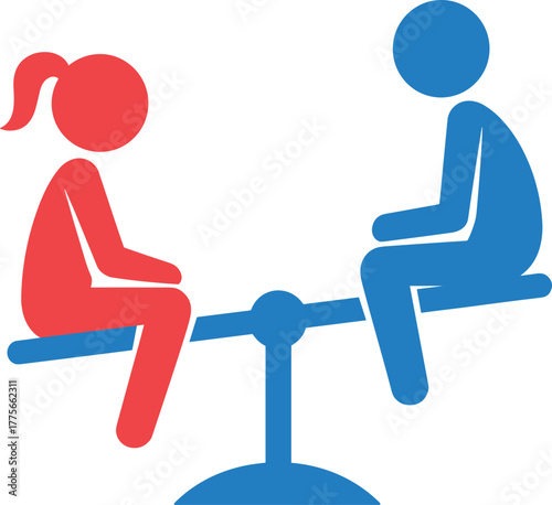 Seesaw balance, teamwork concept, weight distribution, physics illustration, playful figures, red and blue, childhood fun, leverage, motion, educational design