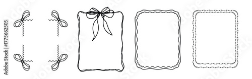 Set of hand drawn doodle frames with curly and ribbon elements in black outline on white background. Concept of decorative border design, whimsical frame template and creative vintage ornament.