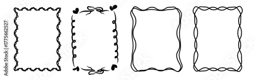 Set of hand drawn doodle frames with curly and ribbon elements in black outline on white background. Concept of decorative border design, whimsical frame template and creative vintage ornament.