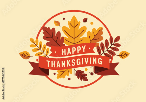 Happy Thanksgiving Day vector badge with autumn foliage and banner
