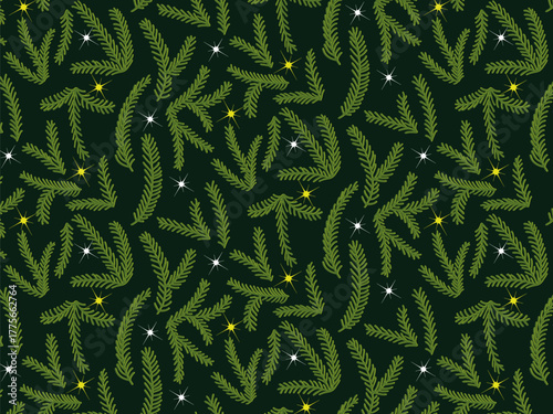 Seamless pattern of Christmas tree branches doodles. Hand drawn spruce branches. Christmas and winter design