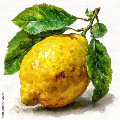Realistic lemon with leaves on textured background