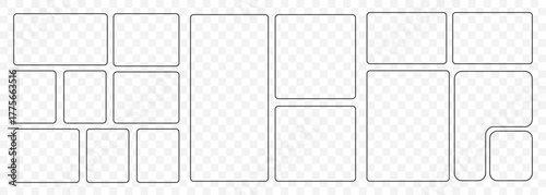 Bento grid vector square layouts. Geometric tiles pattern for photo collage, website layout, etc. Trendy tiling frames arrangements and presentation templates for social media in Stroke. EPS 10.